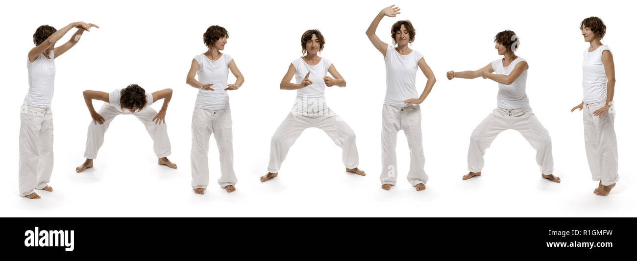 Panoramica del Qigong mix di figure da otto pezzi di brocade baduanjin Foto Stock