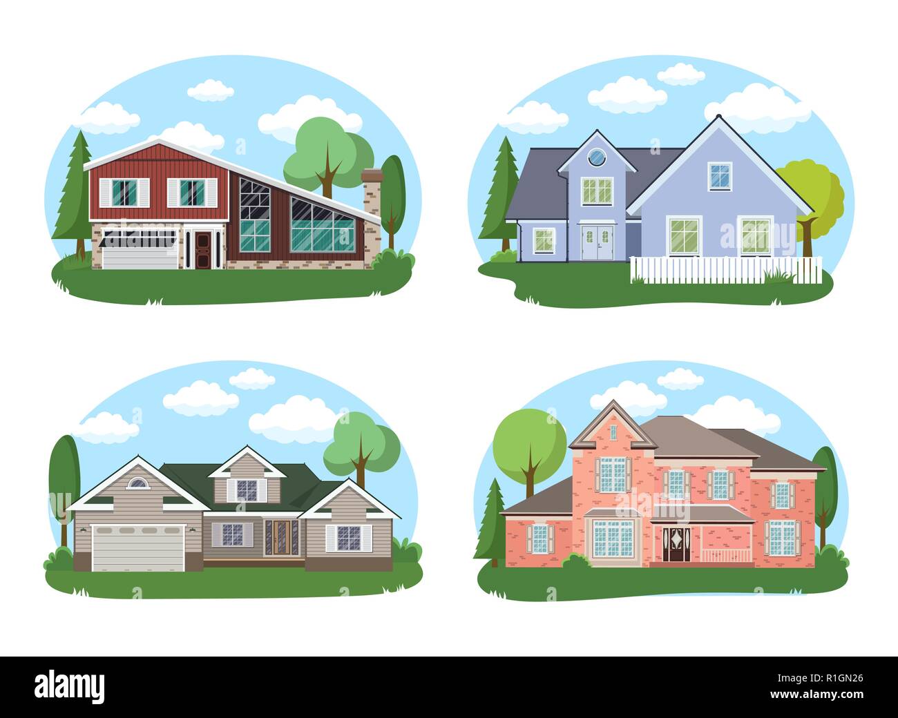 Edifici di vettore Set. Design piatto case isolate su sfondo bianco. Illustrazione Vettoriale