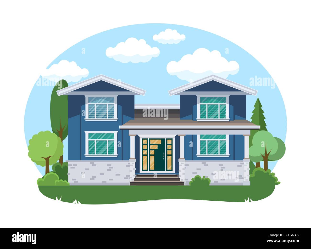 Cartoon esterno della casa con il colore blu cielo velato di fronte a casa il concetto di architettura Design piatto stile. Illustrazione Vettoriale di edificio con facciata Illustrazione Vettoriale
