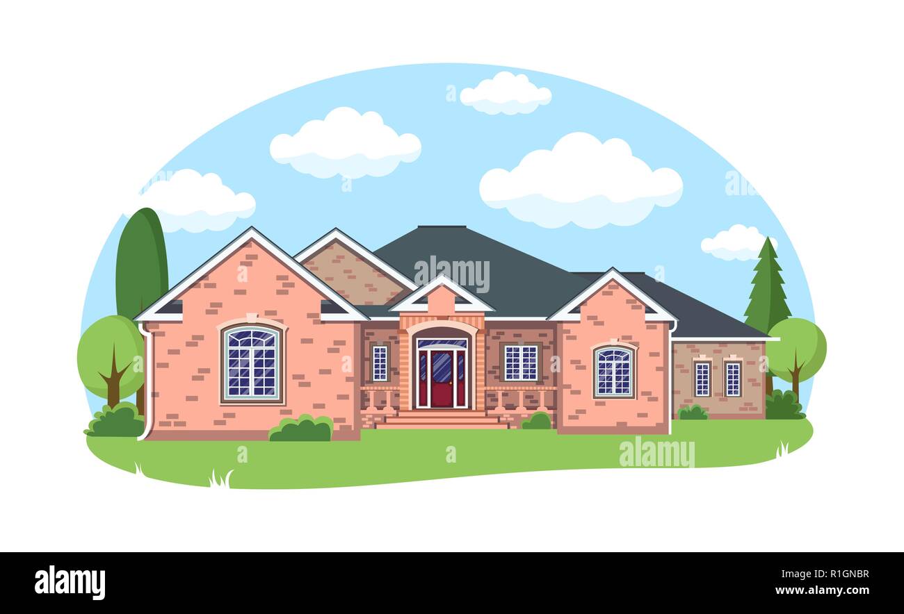 Cartoon esterno della casa con il colore blu cielo velato di fronte a casa il concetto di architettura Design piatto stile. Illustrazione Vettoriale di edificio con facciata Illustrazione Vettoriale