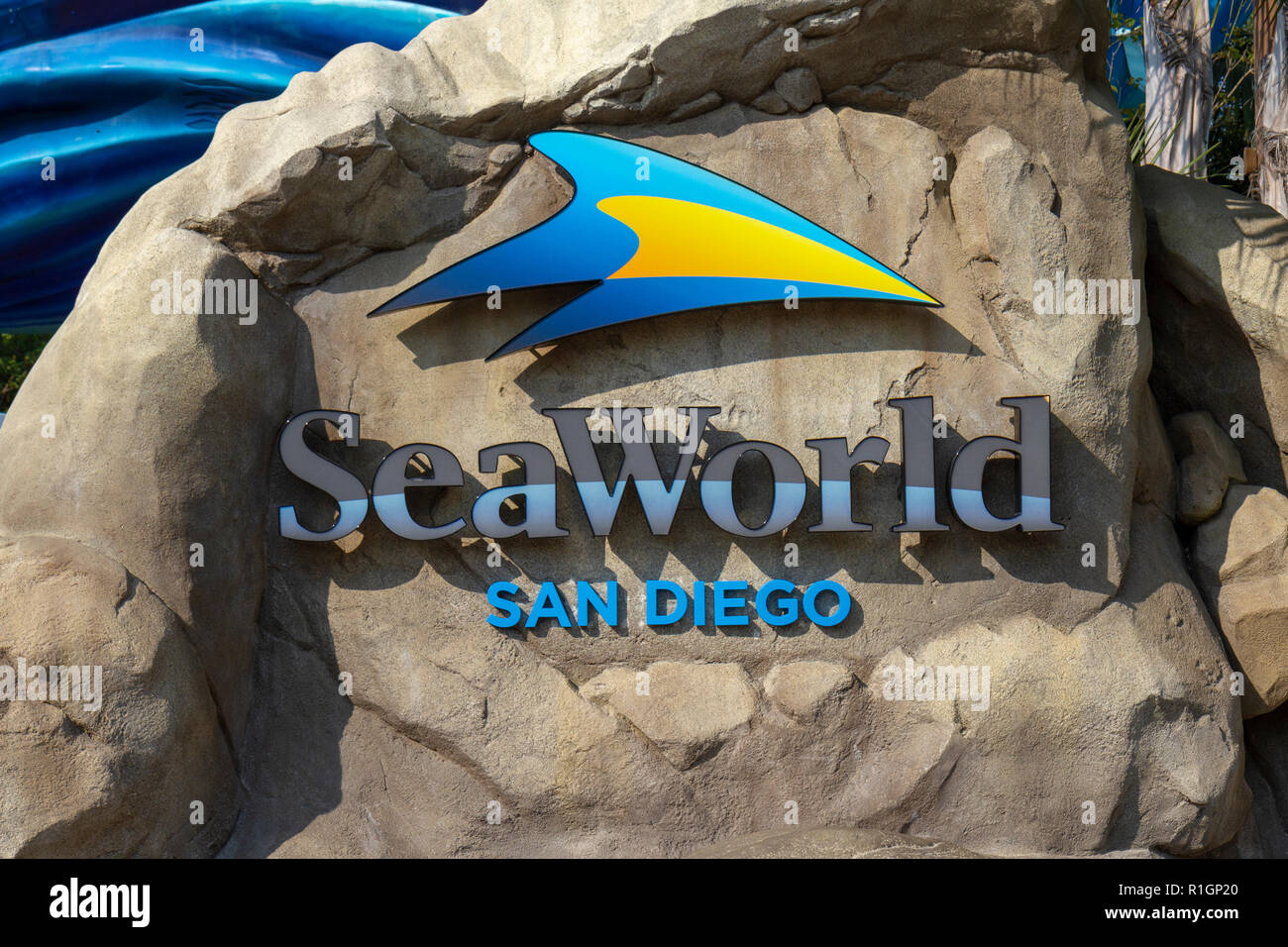 Il SeaWorld logo in ingresso al SeaWorld di San Diego, California, Stati Uniti. Foto Stock