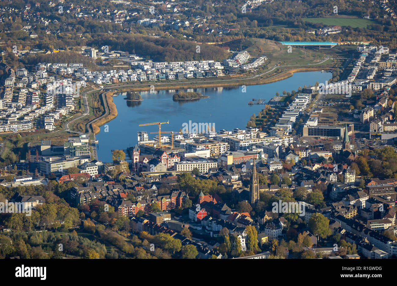 Vista aerea, Phoenix Lago di Dortmund - Hoerde, vista da ovest, Hörder castello, Emscher, Ponte di Pietra, Dortmund, Ruhr, Renania settentrionale-Vestfalia, Germania, DEU, Foto Stock