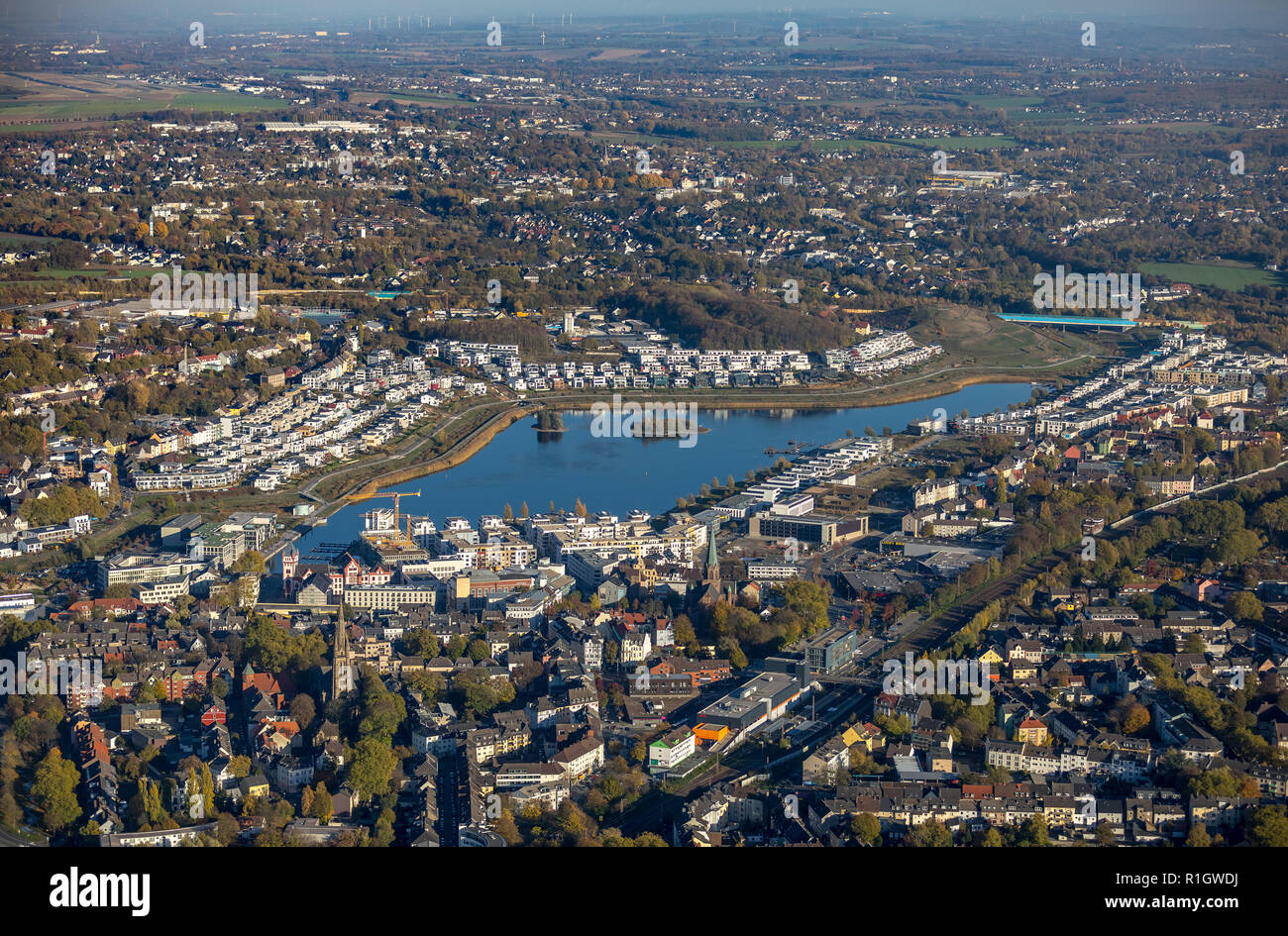 Vista aerea, Phoenix Lago di Dortmund - Hoerde, vista da ovest, Hörder castello, Emscher, Ponte di Pietra, Dortmund, Ruhr, Renania settentrionale-Vestfalia, Germania, DEU, Foto Stock