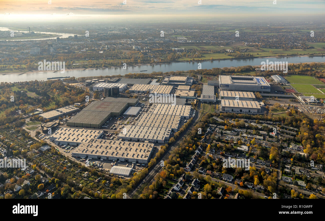 Vista aerea, Merkur Gaming Arena Dusseldorf, a Dusseldorf, lo stadio di calcio, centro congressi presso la fiera di Dusseldorf, Stockum, Dusseldorf, Niederrhe Foto Stock