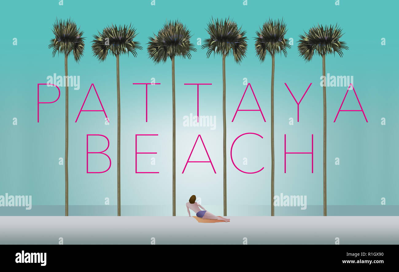 Alte palme e un sunbather su una spiaggia di sabbia bianca impostare la scena per la destinazione di vacanza di spiaggia di Pattaya, Thailandia. Si tratta di un'illustrazione. Foto Stock