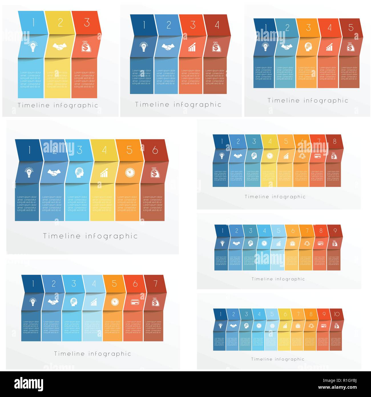 Timeline Infographics impostare modelli di frecce colorate. Infografico Timeline design per 1 2 3 4 5 6 7 8 9 10 posizioni può essere utilizzato per il flusso di lavoro, banner, Illustrazione Vettoriale