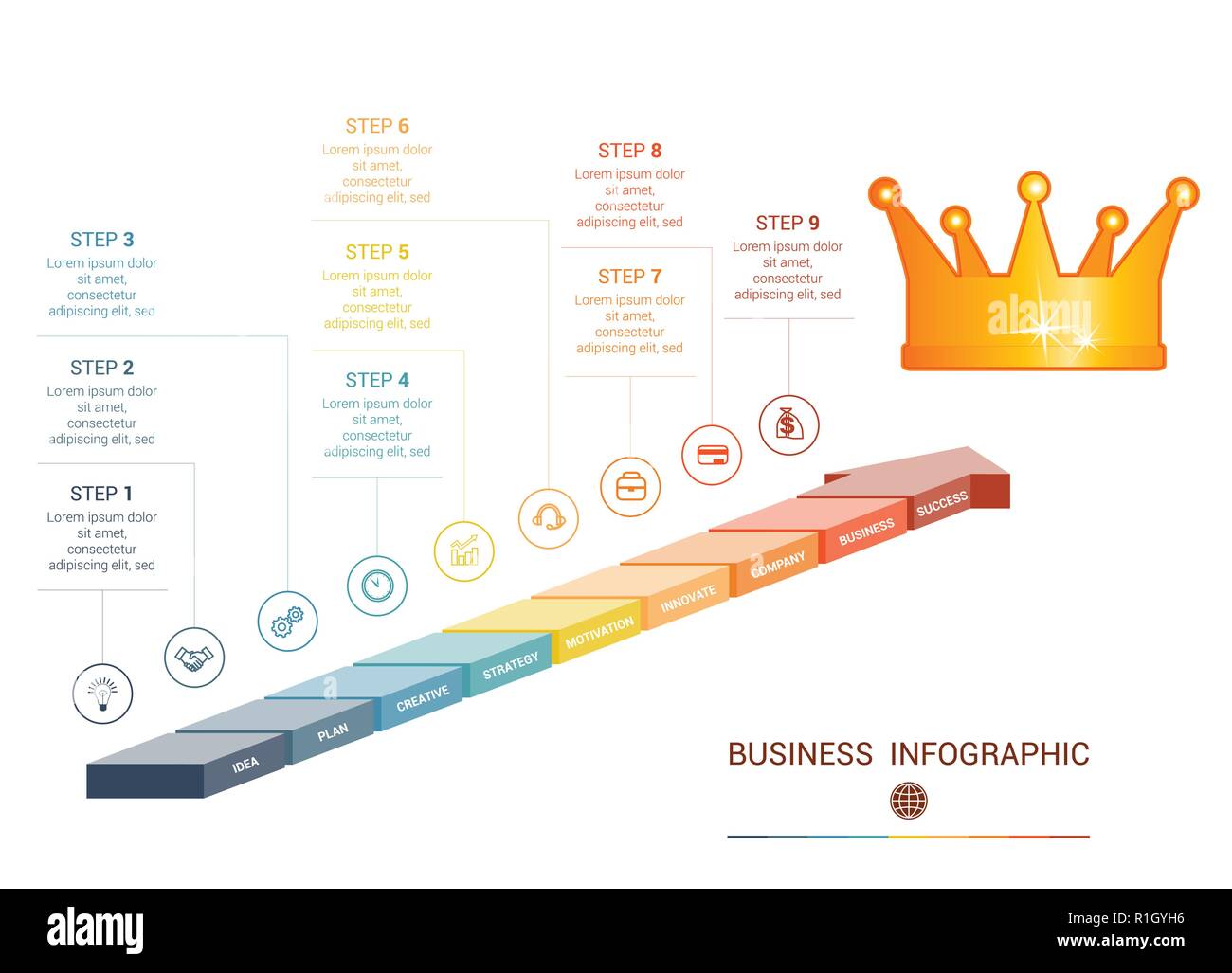 Infographics da 9 pezzi frecce colorate. Illustrazione Vettoriale