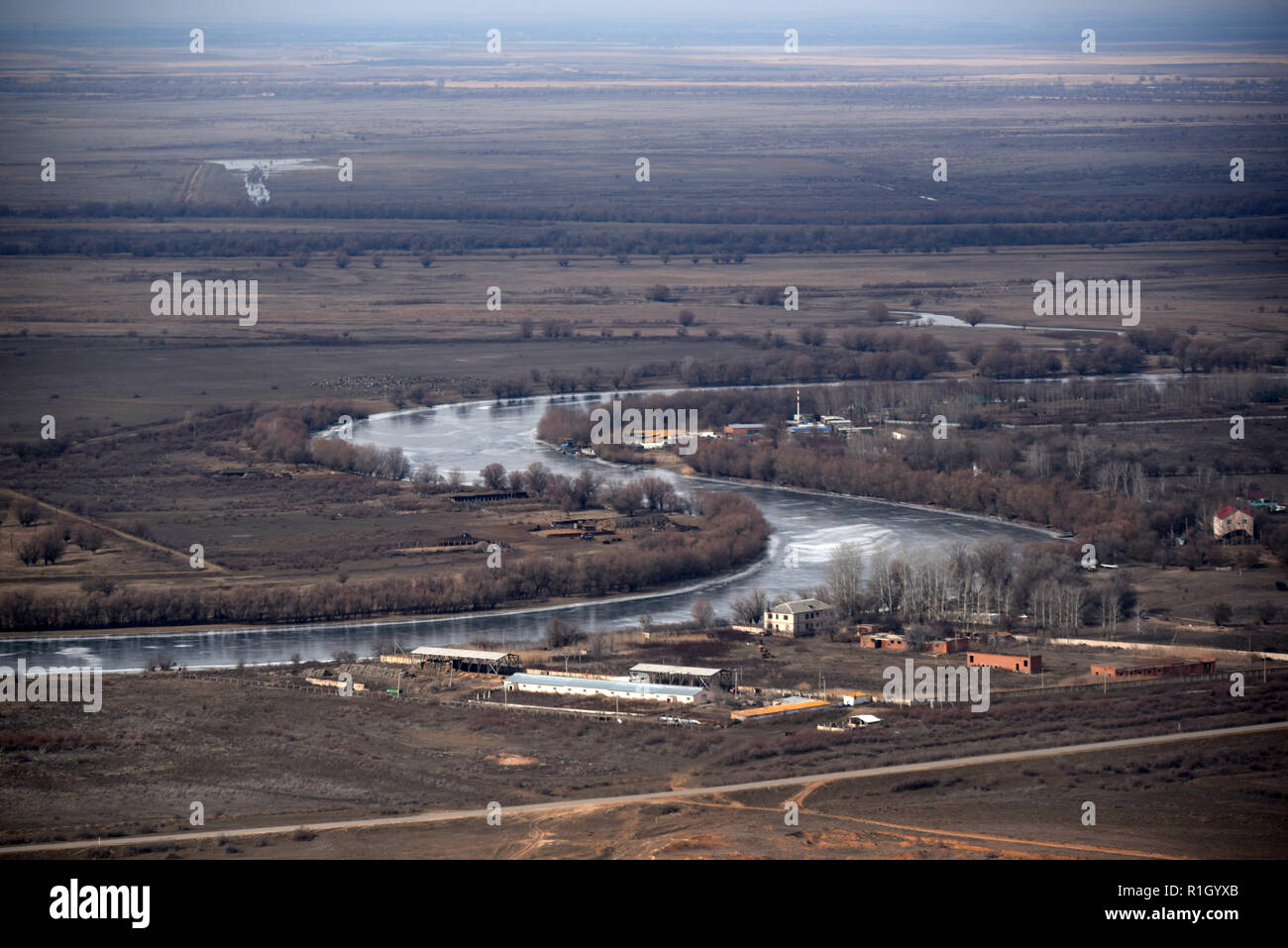 Il Volga delta del fiume vista aerea nella regione di Astrakhan, Russia Foto Stock