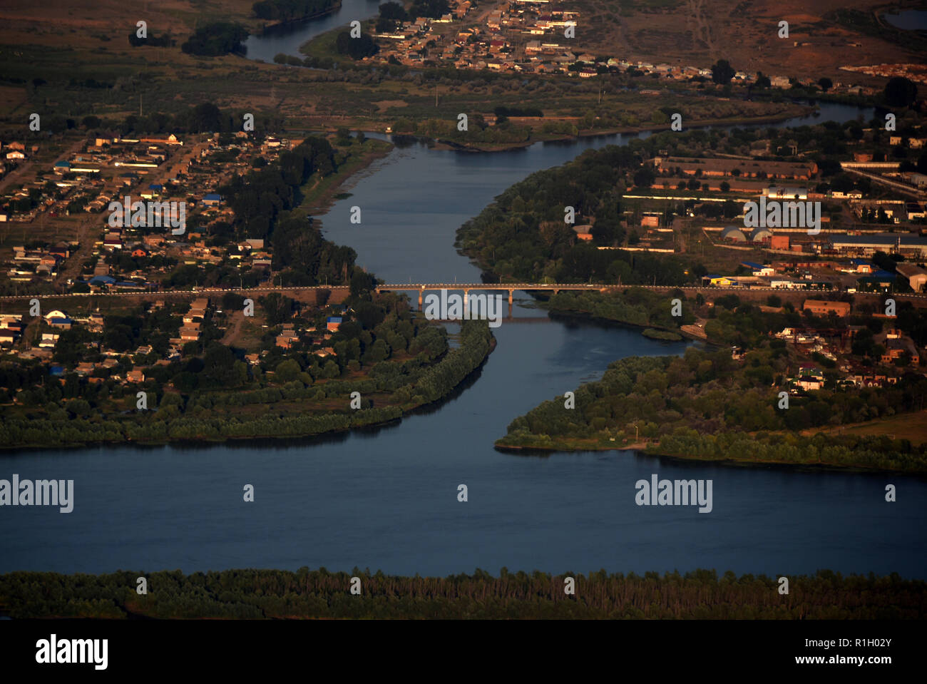 Il Volga delta del fiume vista aerea nella regione di Astrakhan, Russia Foto Stock