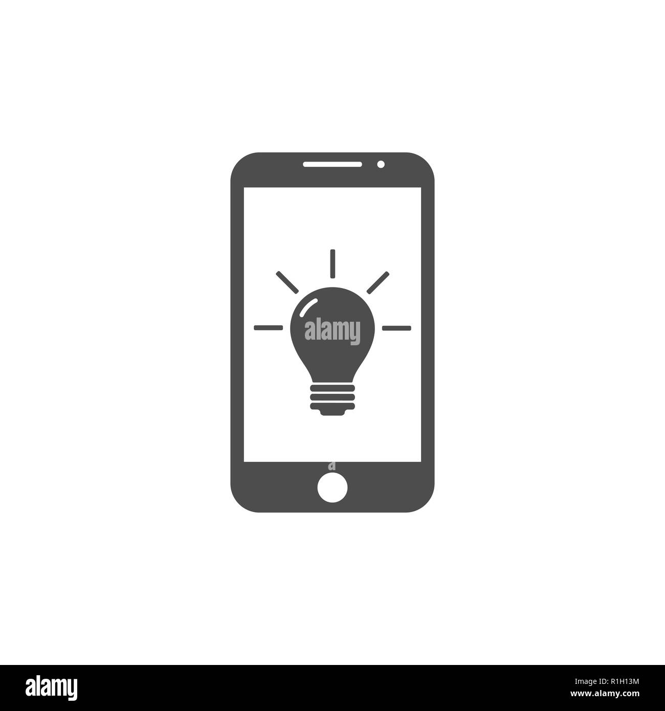 Smartphone con lampadina icona sul display. Illustrazione Vettoriale, piatto Illustrazione Vettoriale
