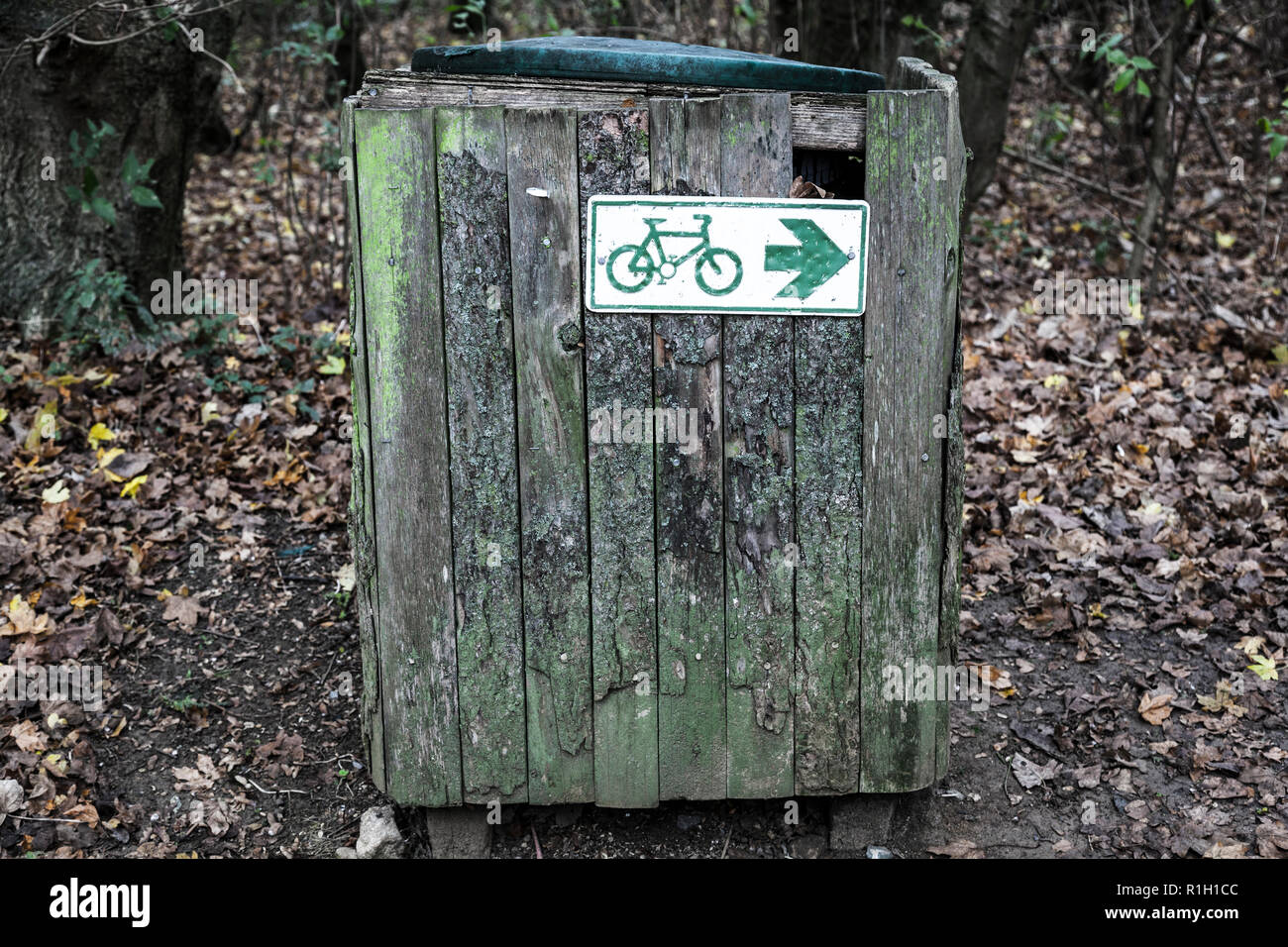 Verde percorso ciclo di firmare e freccia fissato ad un vecchio di legno ricoperto di alghe bidone dei rifiuti rifugio. Foto Stock