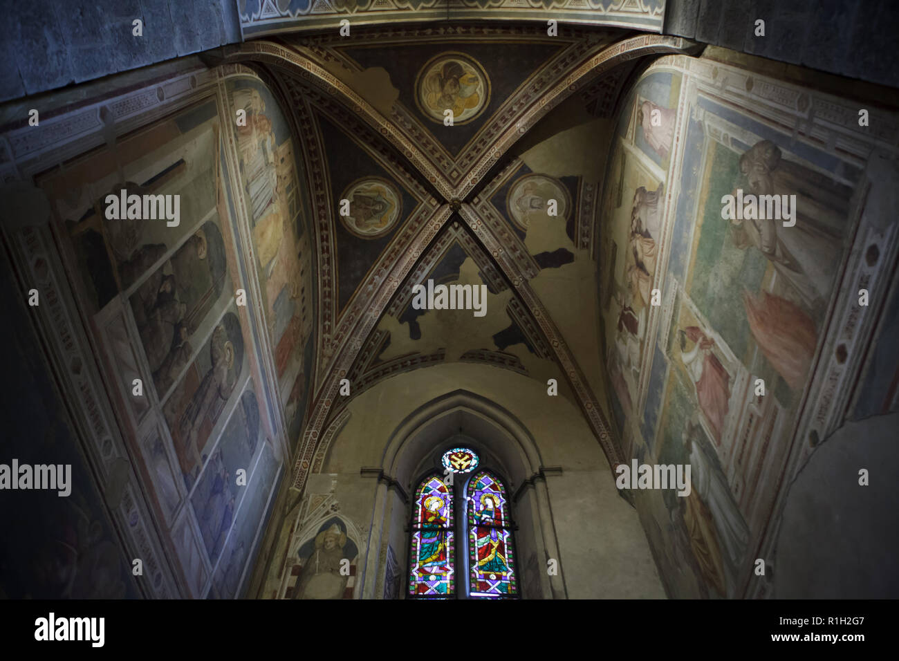 Affreschi del Rinascimento italiano pittore Giotto di Bondone (1325) nella Cappella Bardi (Cappella Bardi) nella Basilica di Santa Croce (Basilica di Santa Croce di Firenze, Toscana, Italia. Foto Stock