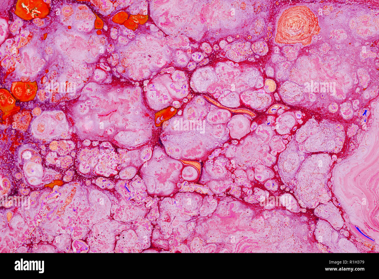 Close-up di superficie con acido macchie di inchiostro e bolle. Mappa di calore, reazione chimica. Foto Stock