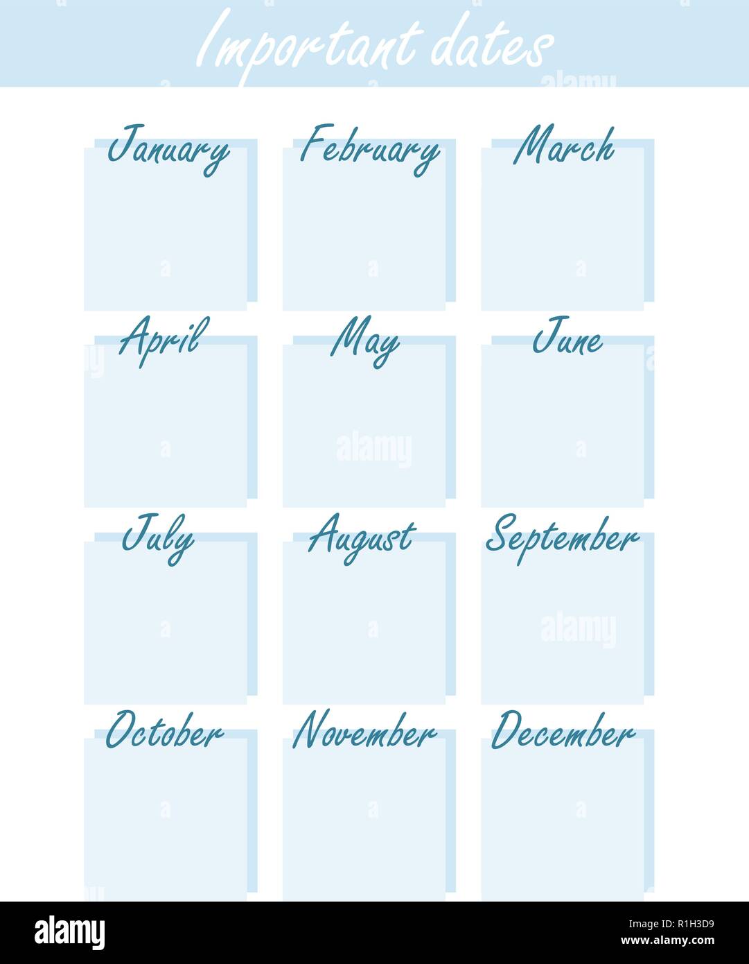 Calendario con i compleanni e altri eventi in una forma minimalista.  Universal elegante blu il calendario delle date importanti Immagine e  Vettoriale - Alamy