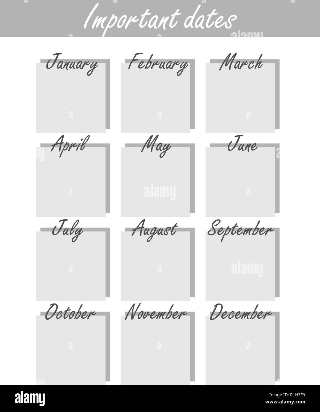 Modello grigio. calendario con i compleanni e altri eventi in una forma  minimalista. Universal elegante blu il calendario delle date importanti  Immagine e Vettoriale - Alamy