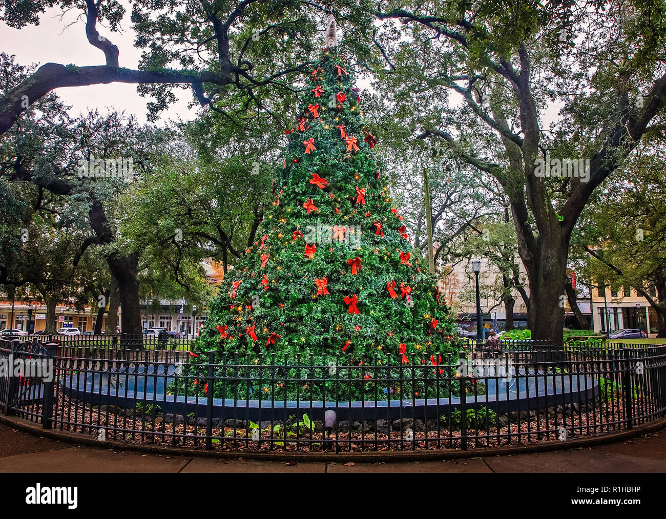 Un albero di Natale sostituisce il Bienville Piazza Fontana durante la stagione di Natale, 18 dicembre 2017, in Mobile, Alabama. Foto Stock