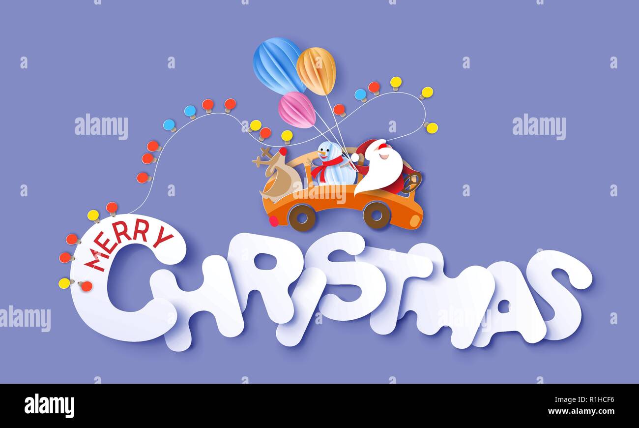 Auguri Di Buon Natale Design Card Con Babbo Natale Snowman Renne Guida Bus Giallo Su Grandi Lettere E Sfondo Viola Carta Vettoriale Arte Illustrazione Carta liata E Stile Di Artigianato Immagine