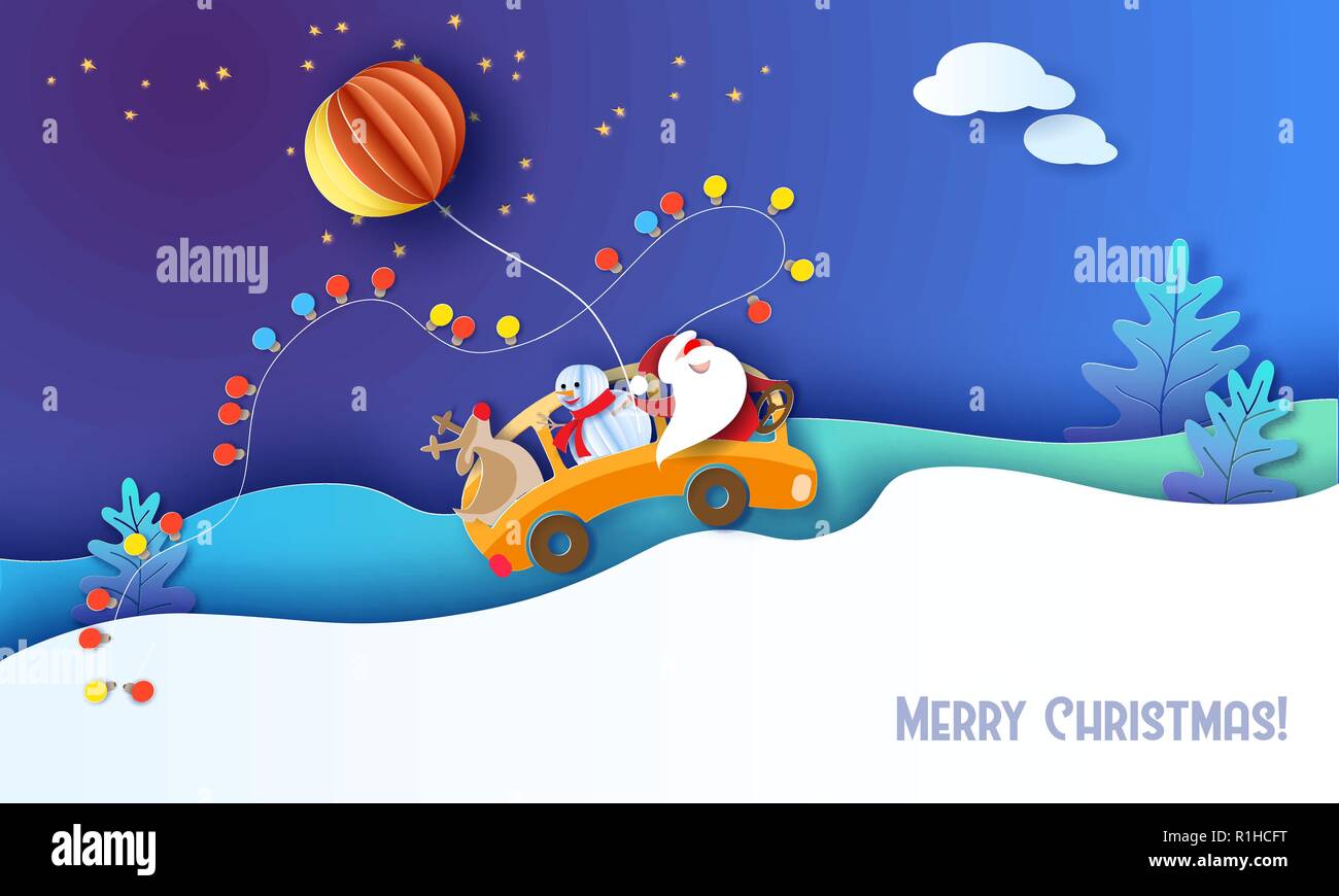 Auguri di Buon Natale design card con Babbo Natale, snowman, renne guida bus giallo sulle colline di neve e cielo azzurro sfondo . Carta vettoriale arte illustrazione. Carta tagliata e stile di artigianato. Illustrazione Vettoriale