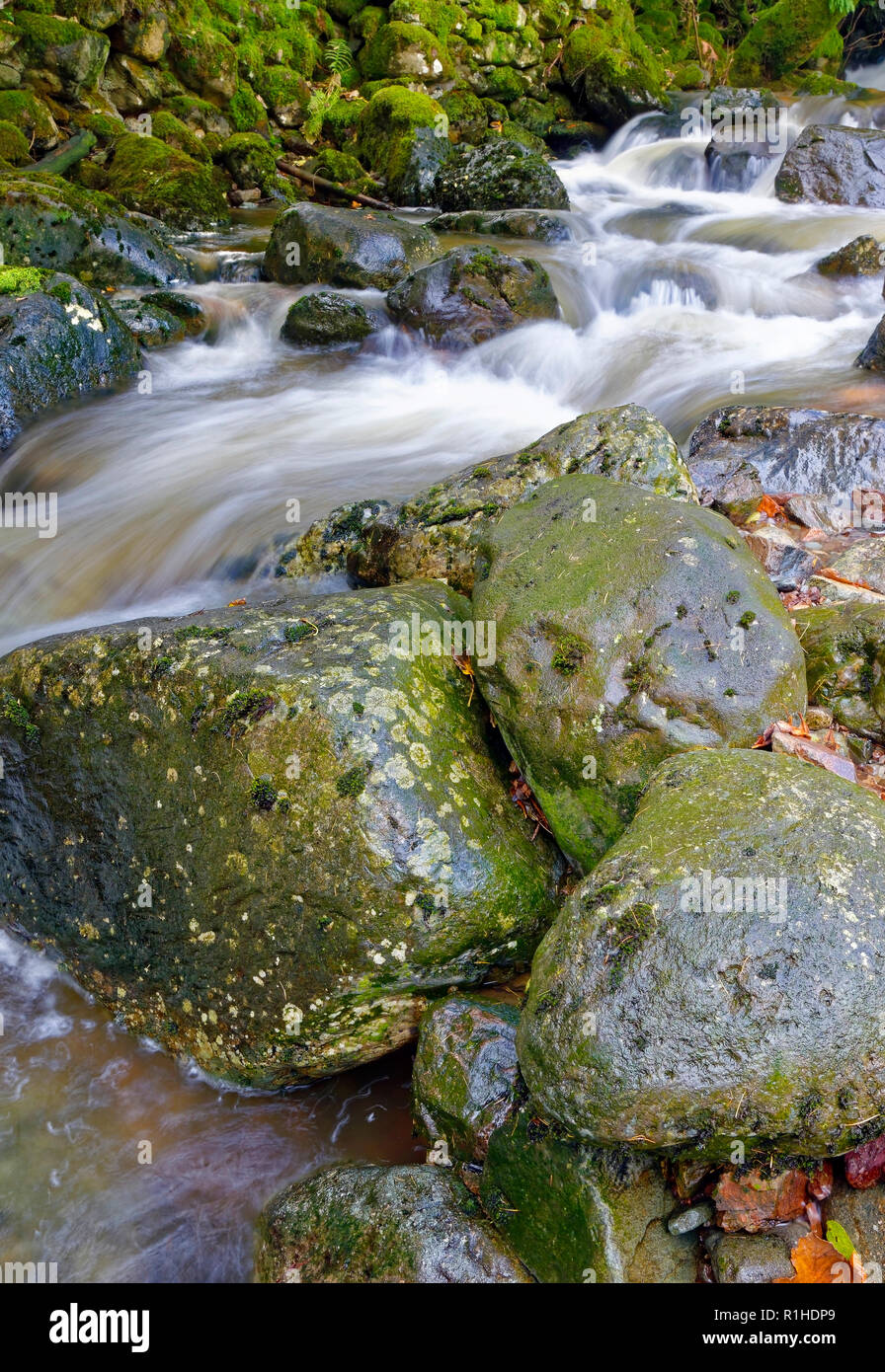 Una vista ravvicinata di Launchy Gill fiume come si snoda verso Thirlmere nel Lake District inglese. Foto Stock