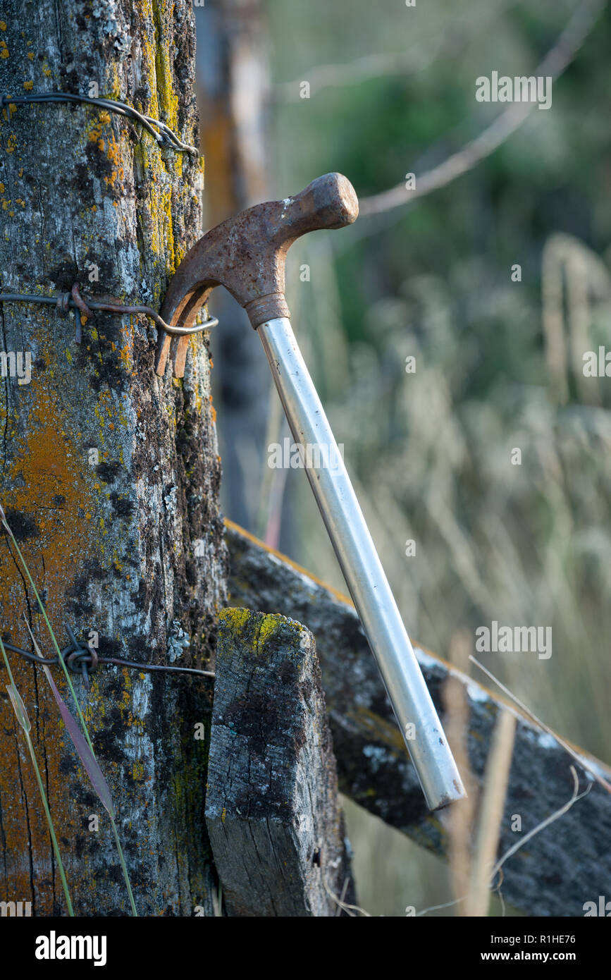 Martello appeso sul palo da recinzione, Wallowa Valley, Oregon. Foto Stock