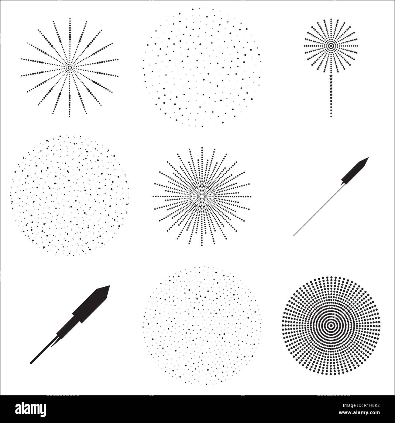 Silhouette di fuochi d'artificio illustrazione vettoriale Set di isolato lampeggia di fuochi d'artificio e razzi su sfondo bianco Illustrazione Vettoriale