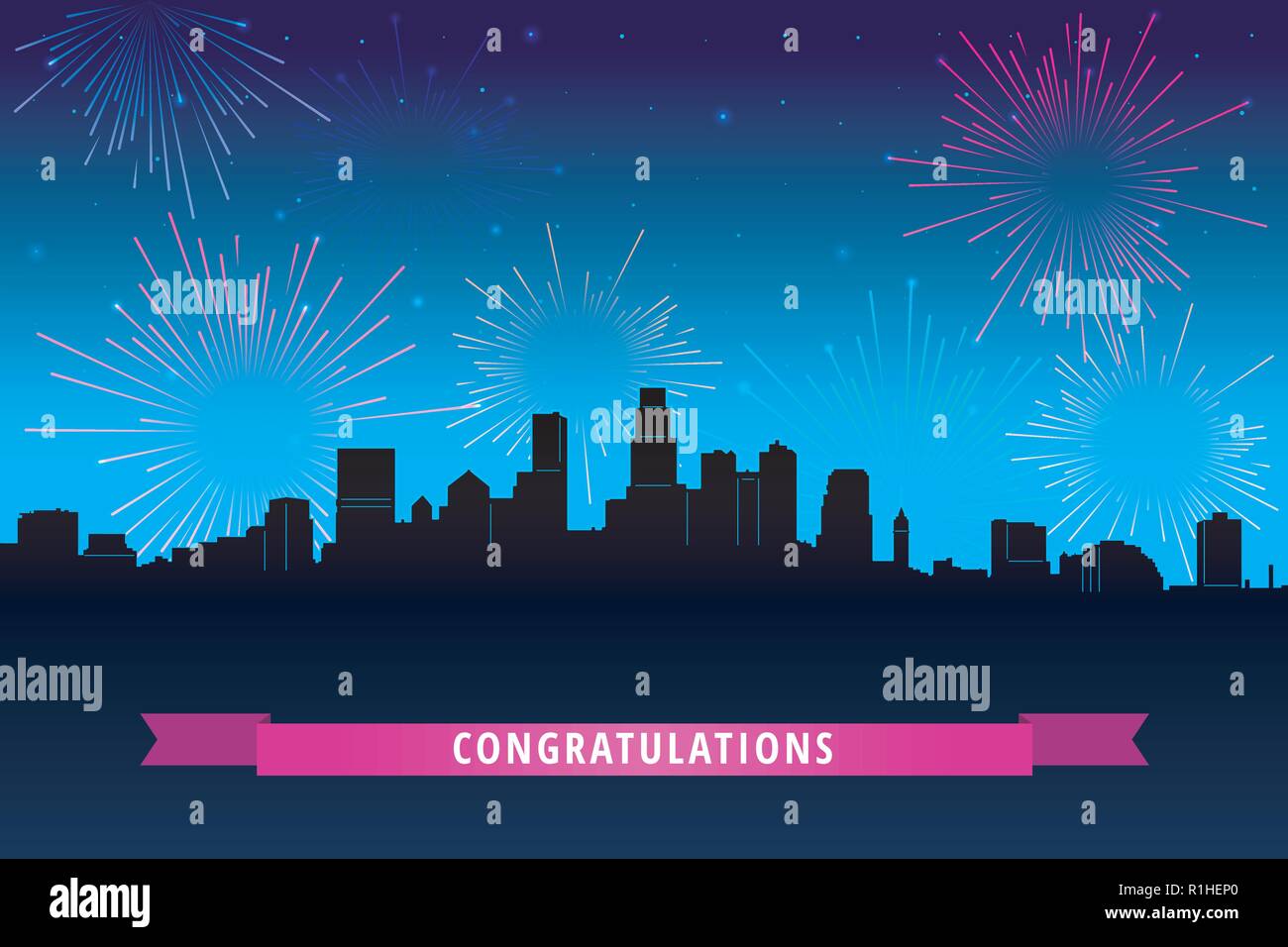 Fuochi d'artificio nella città illustrazione vettoriale in stile fumetto Silhouette di cityscape lampeggia di fuochi d'artificio nel cielo notturno Illustrazione Vettoriale