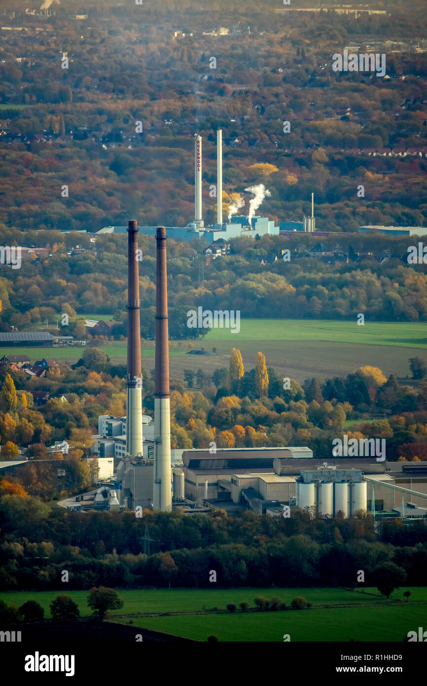 Vista aerea, fabbrica del vetro Pilkington, Rockwool Rockpanel, Pilkington Germania AG, delle linee di produzione di vetro piano mediante il procedimento con vetro float, in ba Foto Stock