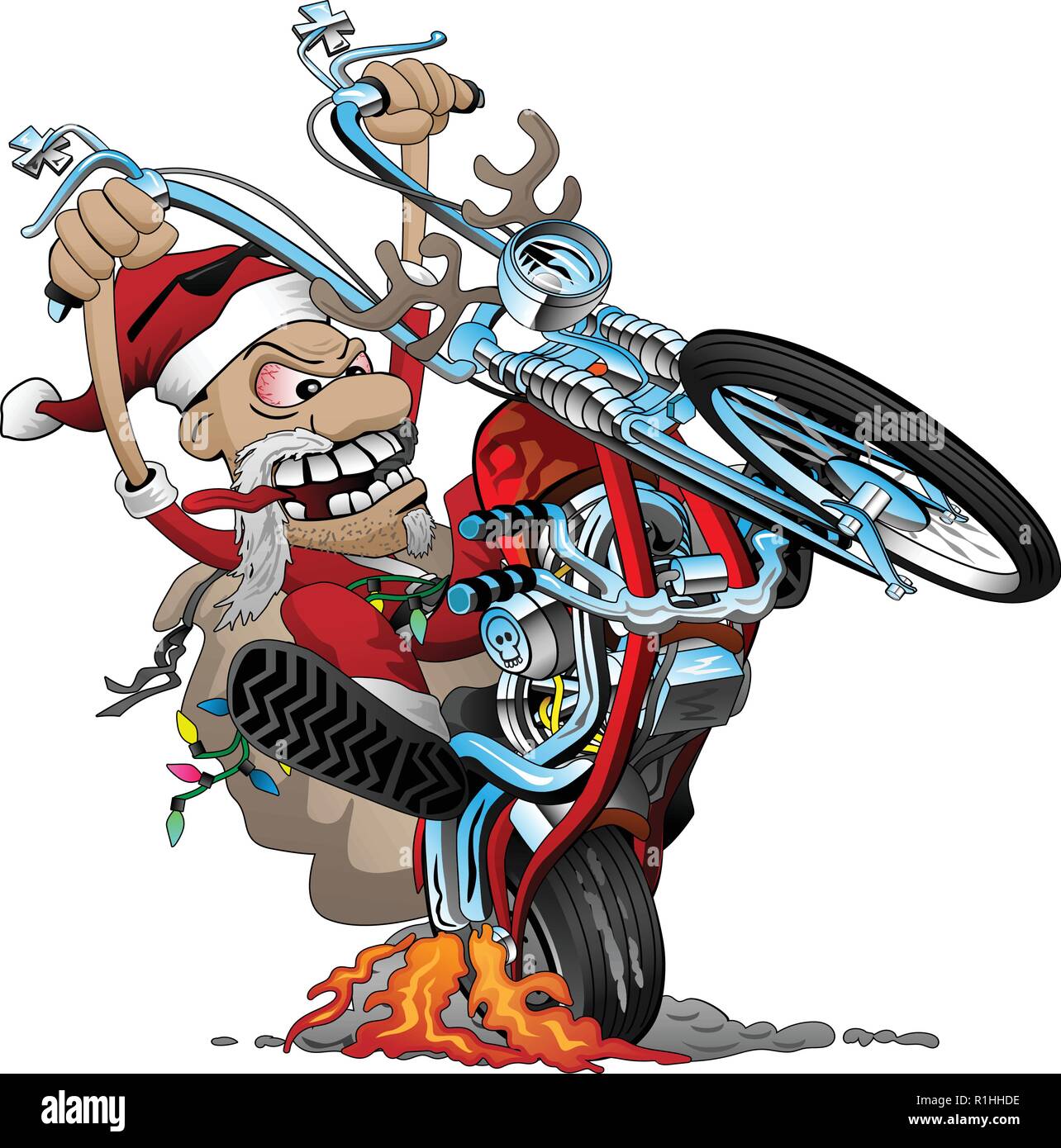Santa biker su uno stile americano moto chopper, spuntano un wheelie, vettore illustrazione cartoon Illustrazione Vettoriale