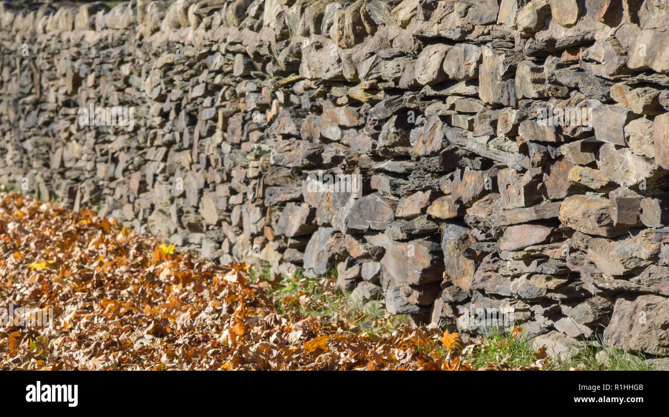 Vecchio muro di pietra in autunno. Foto Stock