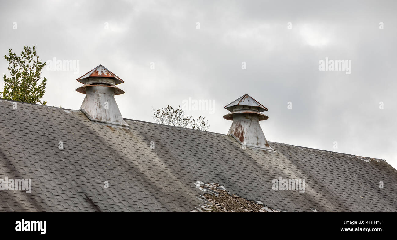 Tetto di un vecchio fienile di patata in Southampton, NY Foto Stock