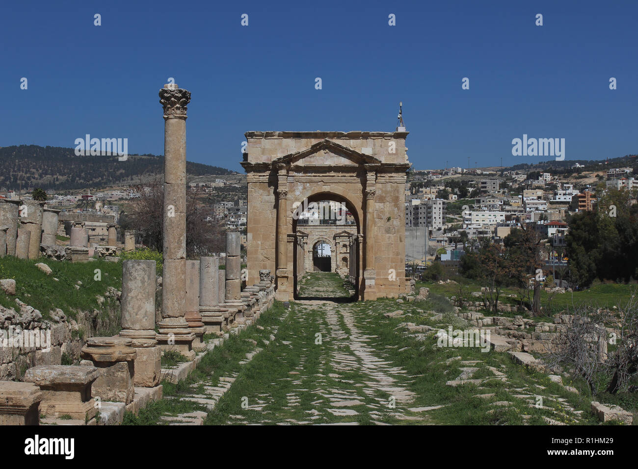 Il patrimonio mondiale Unesco di Jerash vicino al confine con la Siria, Giordania Foto Stock