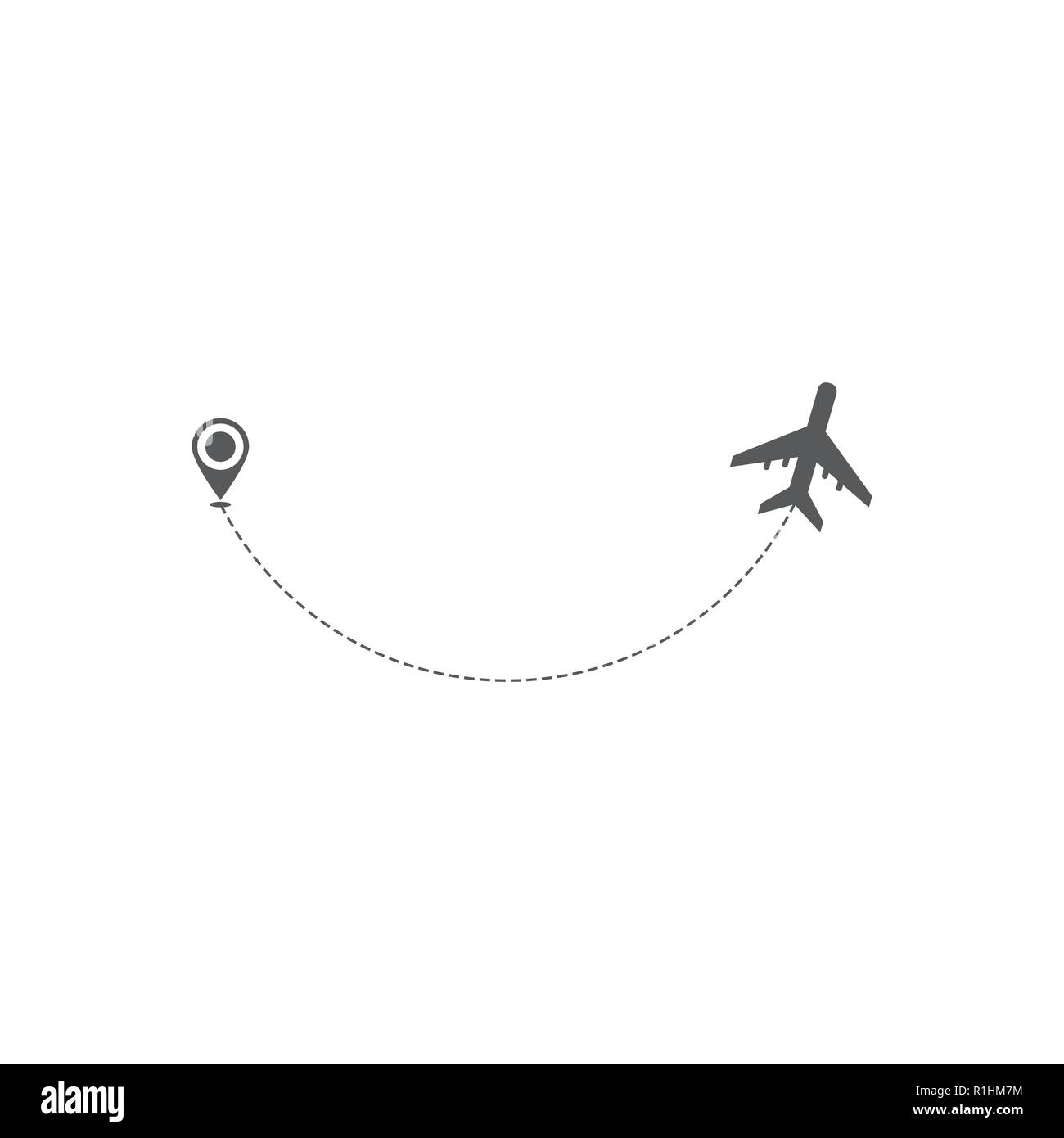 Grigio punto di destinazione e viaggio aereo sagome isolati su sfondo bianco Illustrazione Vettoriale