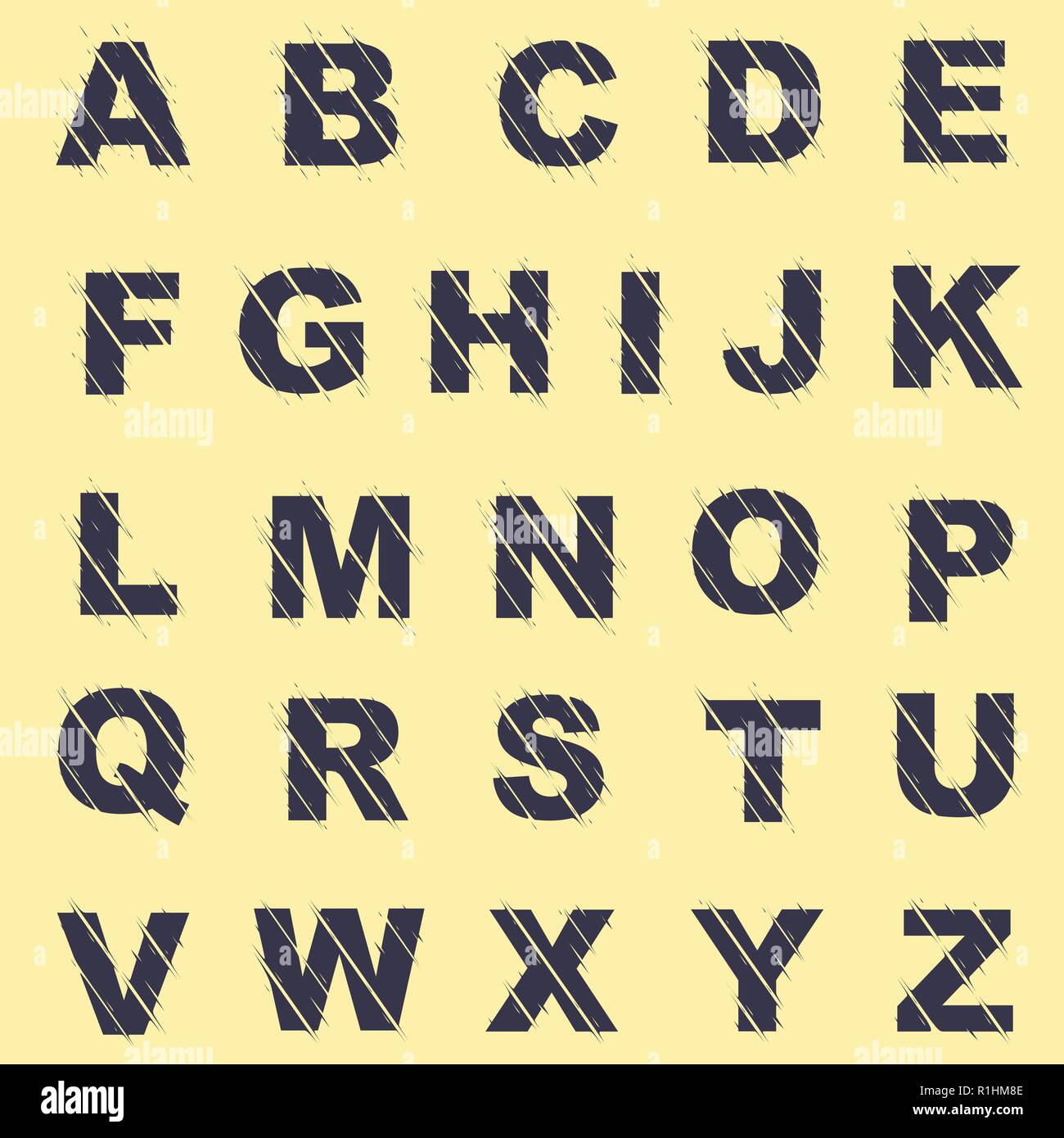 Scribble lingua inglese alfabeto lettere isolati su sfondo giallo Illustrazione Vettoriale