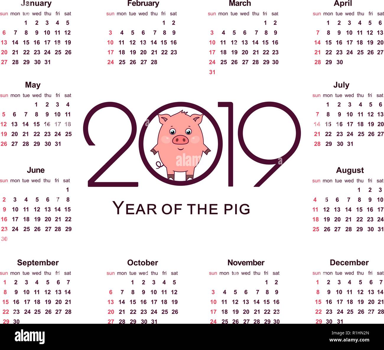 Calendario di maiale per 2019. Simbolo dell'anno nel calendario cinese. Semplice template vettoriale. Articoli di cancelleria modello di disegno. Isolato illustrazione vettoriale su Illustrazione Vettoriale