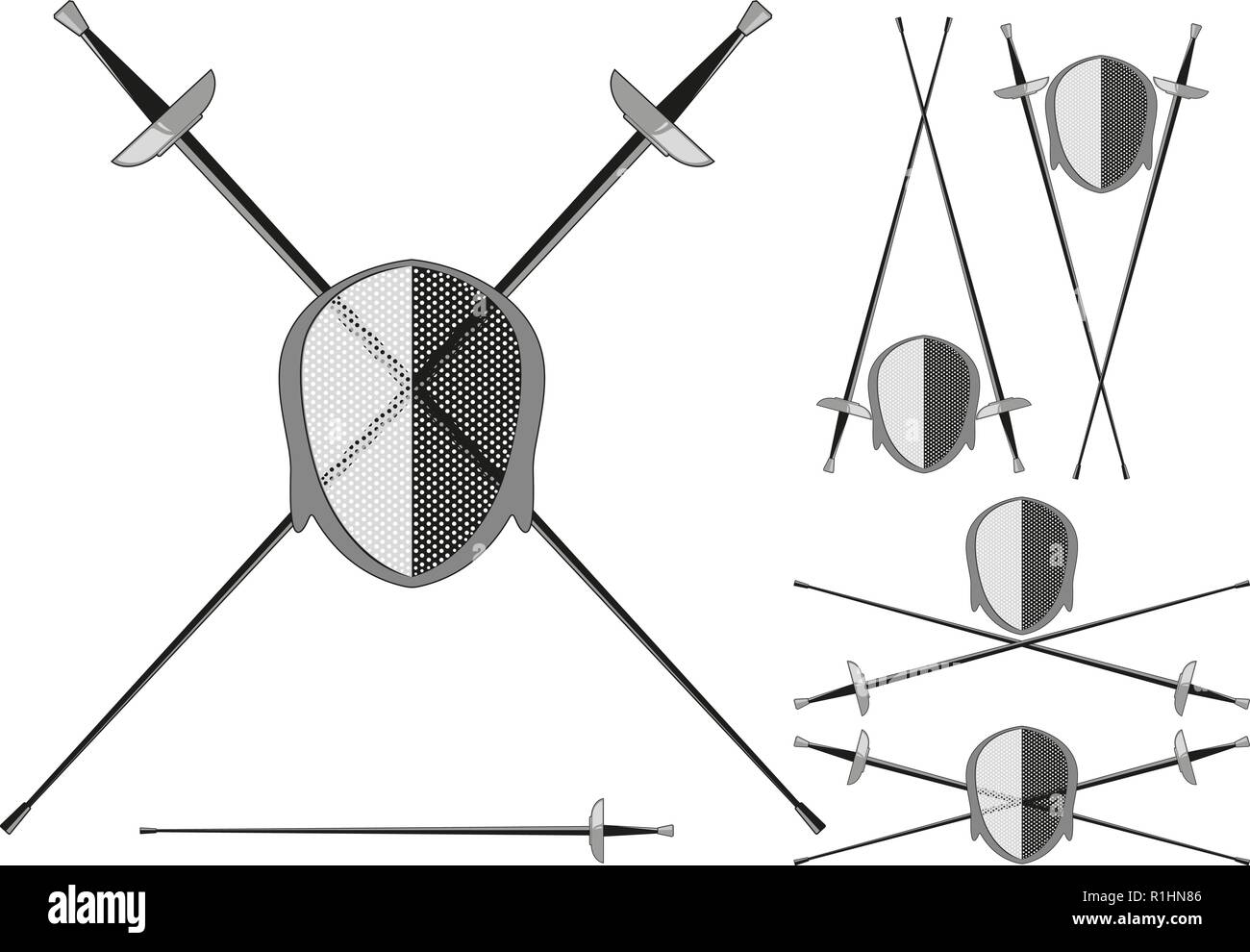 Attraversato sciabole e maschera da scherma in diverse varianti isolati su sfondo bianco Illustrazione Vettoriale