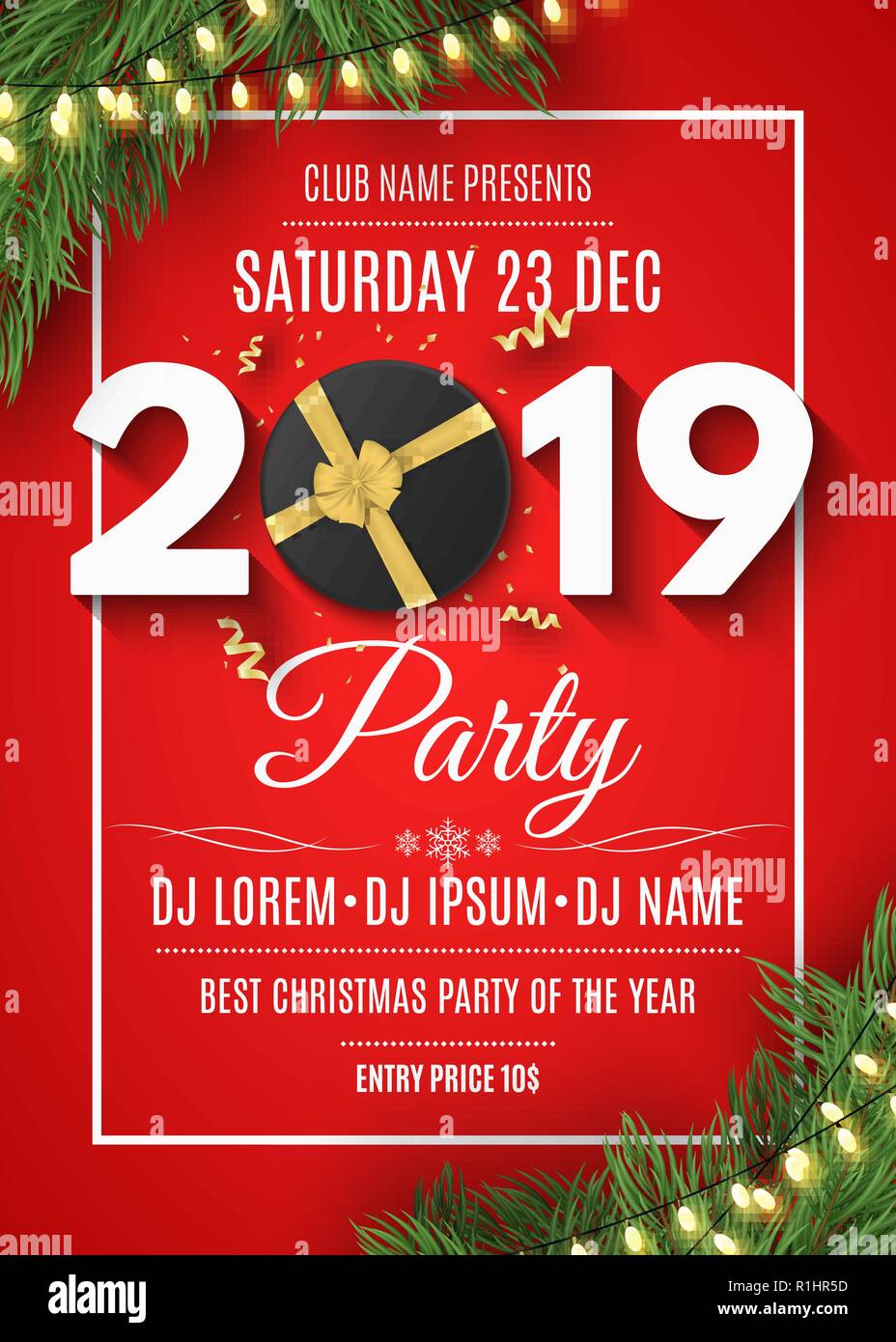 Felice Anno Nuovo 2019 flyer per una festa. Confezione regalo nera con un nastro color oro. Golden coriandoli a serpentina. Luci d'oro dal garland in abete. Illustrazione Vettoriale Illustrazione Vettoriale