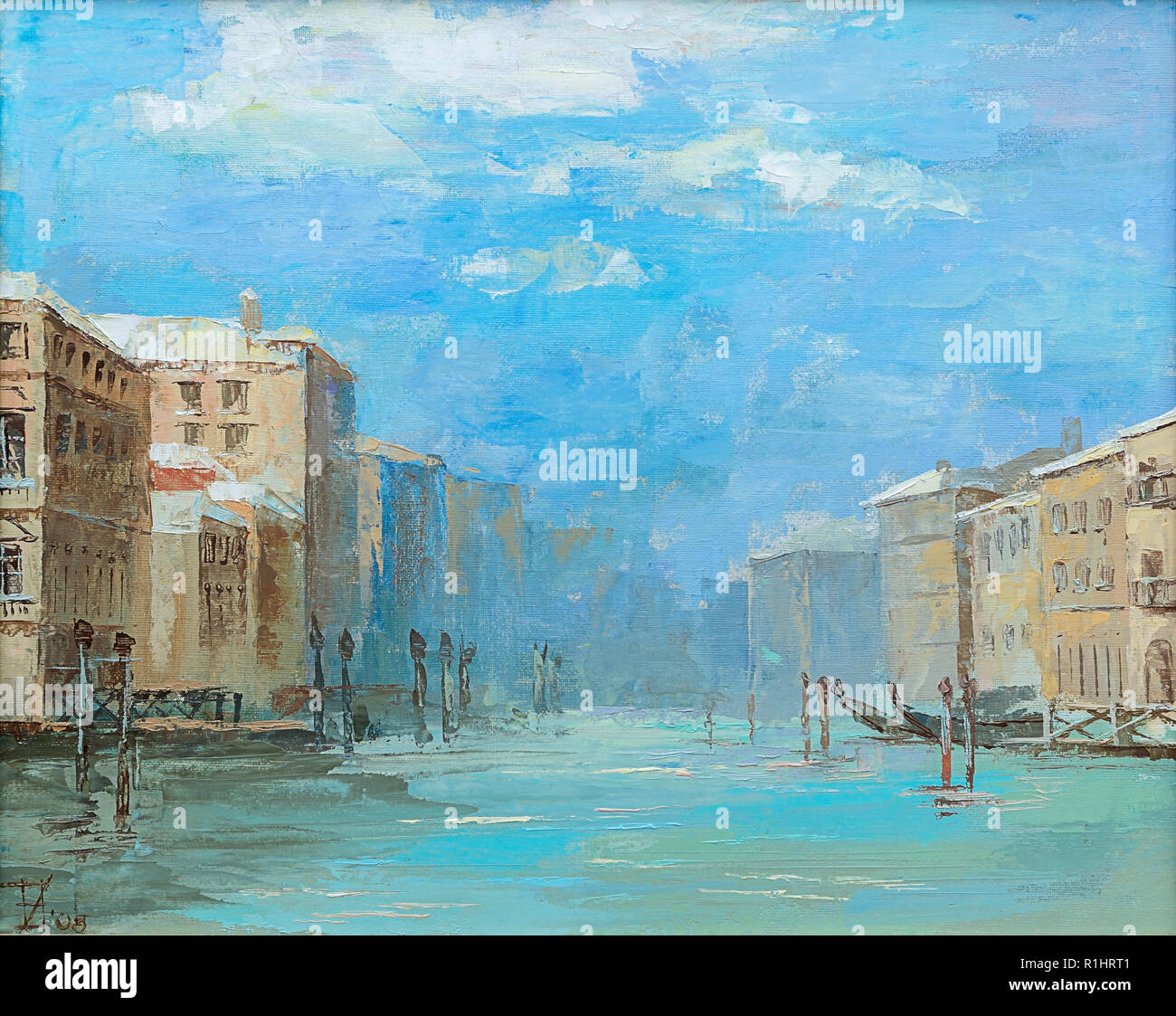 Olio originale pittura, venezia canal in una giornata di sole. Vista del canal, a destra e a sinistra della casa, è realizzato nella tecnica dei tamponi di grandi dimensioni Foto Stock
