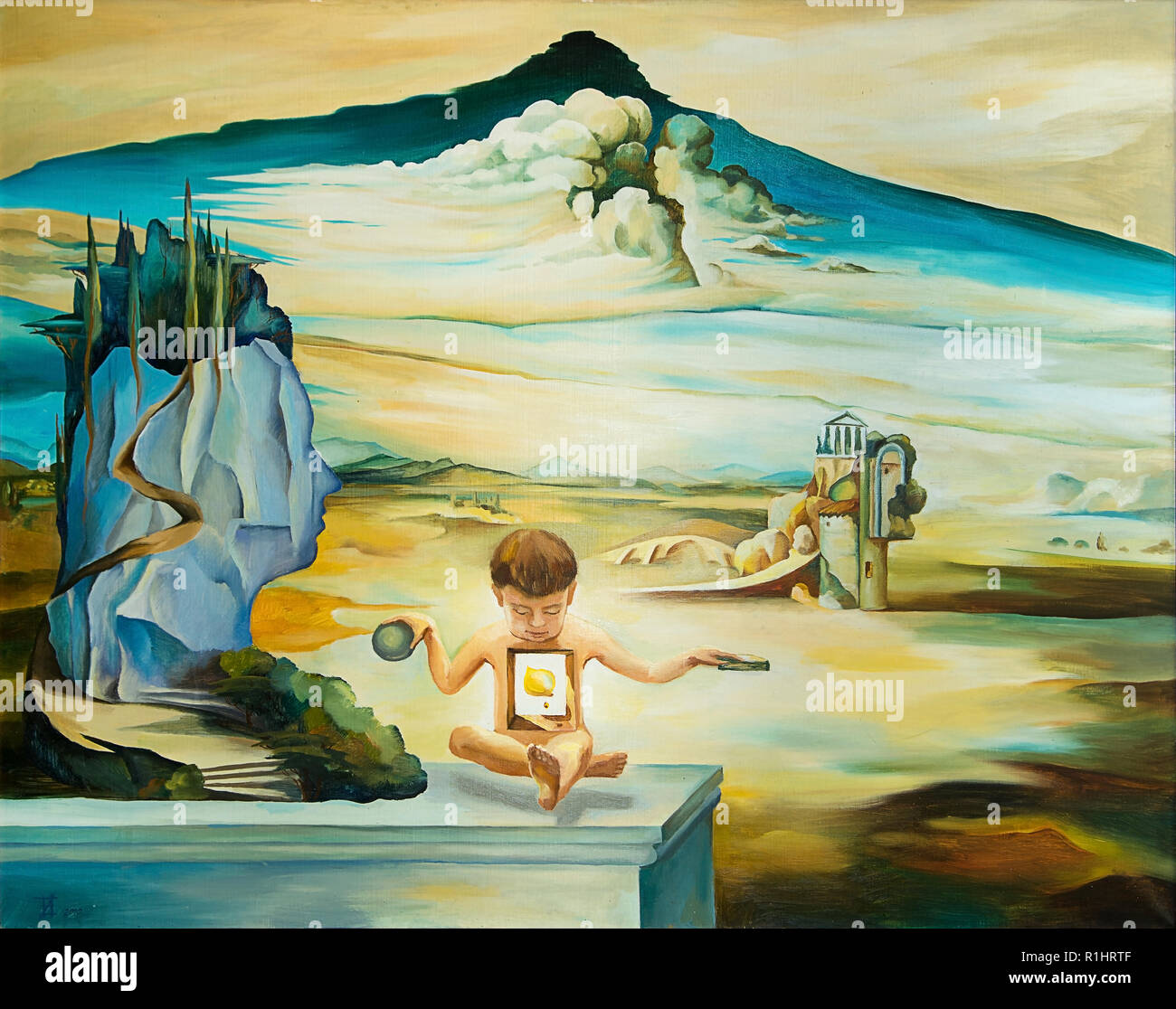 Olio originale pittura sulla base di Salvador Dali. silhouette di una testa femmina, bambino, nuvole, una città inesistente, motivi presi dai dipinti di Salva Foto Stock