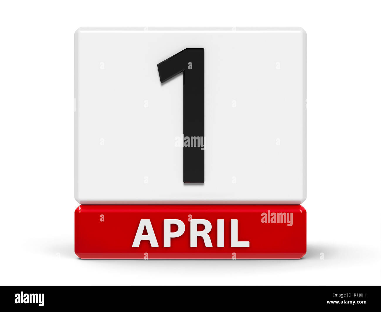 Rosso e bianco sull'icona del calendario dai cubi - Il primo di aprile - su un tavolo bianco - Vacanze di Pasqua 2018, il giorno dello sciocco e International Bird giorno, tridimensionale Foto Stock