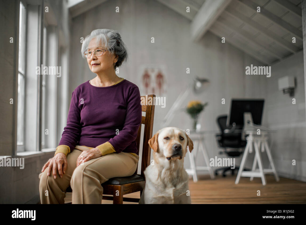 Senior donna seduta pensively con il suo cane dal suo lato. Foto Stock