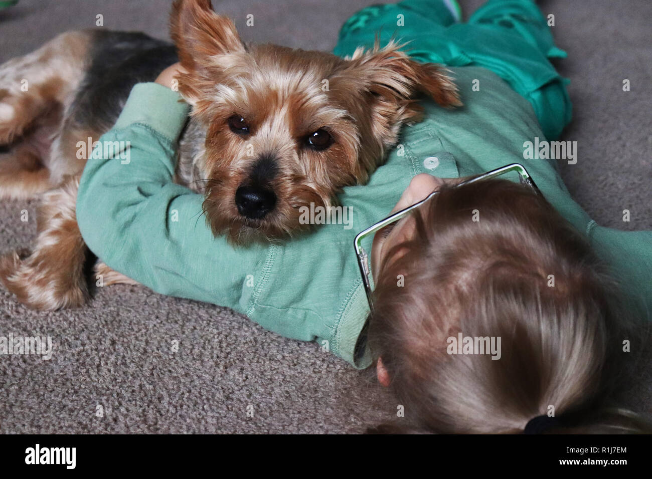 Bambino cuddling con il loro miglior amico Foto Stock