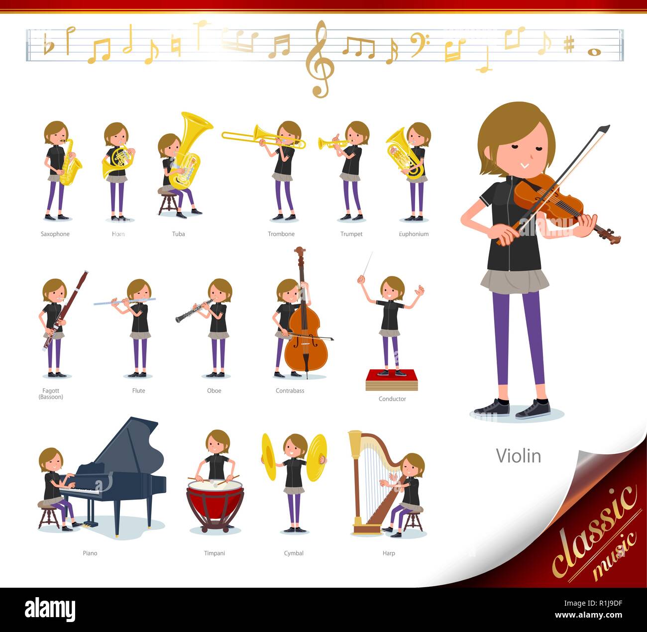 Un gruppo di donne in abbigliamento sportivo su spettacoli di musica classica.Ci sono le azioni da svolgere vari strumenti come gli strumenti a corda e vento instrum Illustrazione Vettoriale