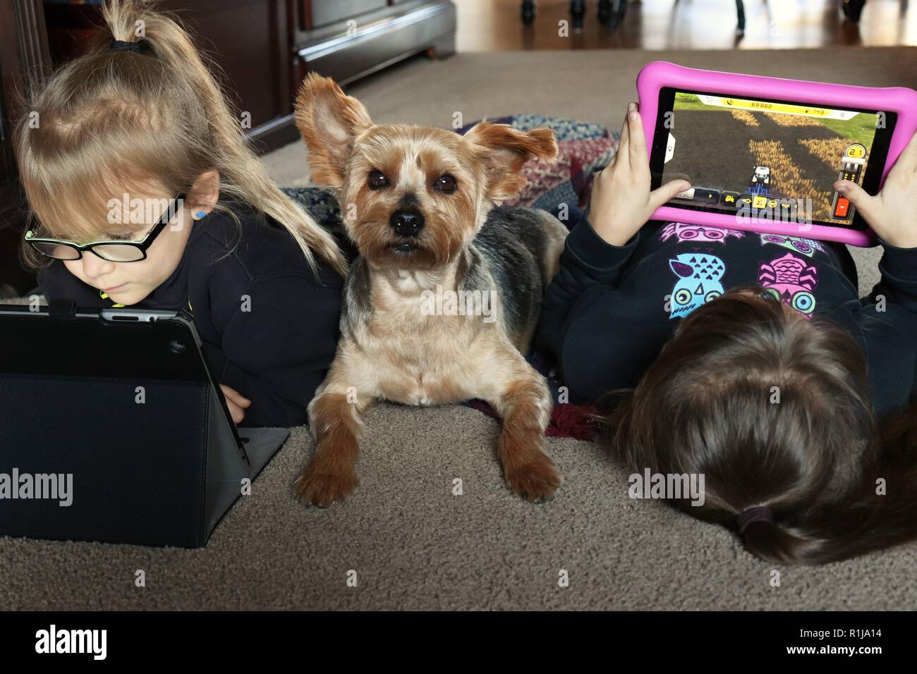 Le sorelle giocano sui loro tablet mentre si coccolano con il loro migliore amico Foto Stock