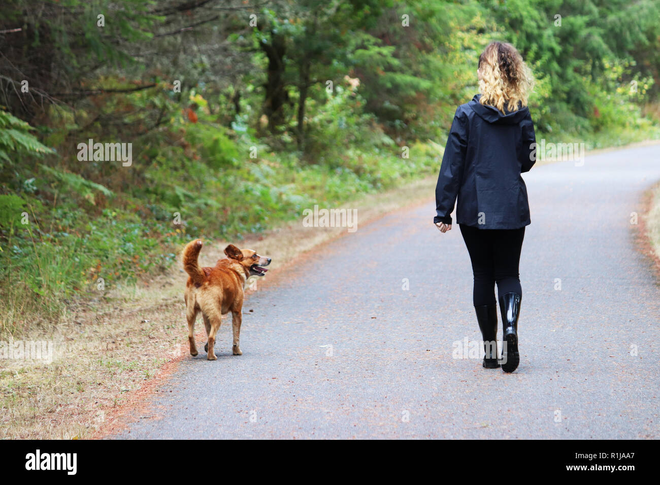 Giovane donna fuori per una passeggiata con il suo cane Foto Stock