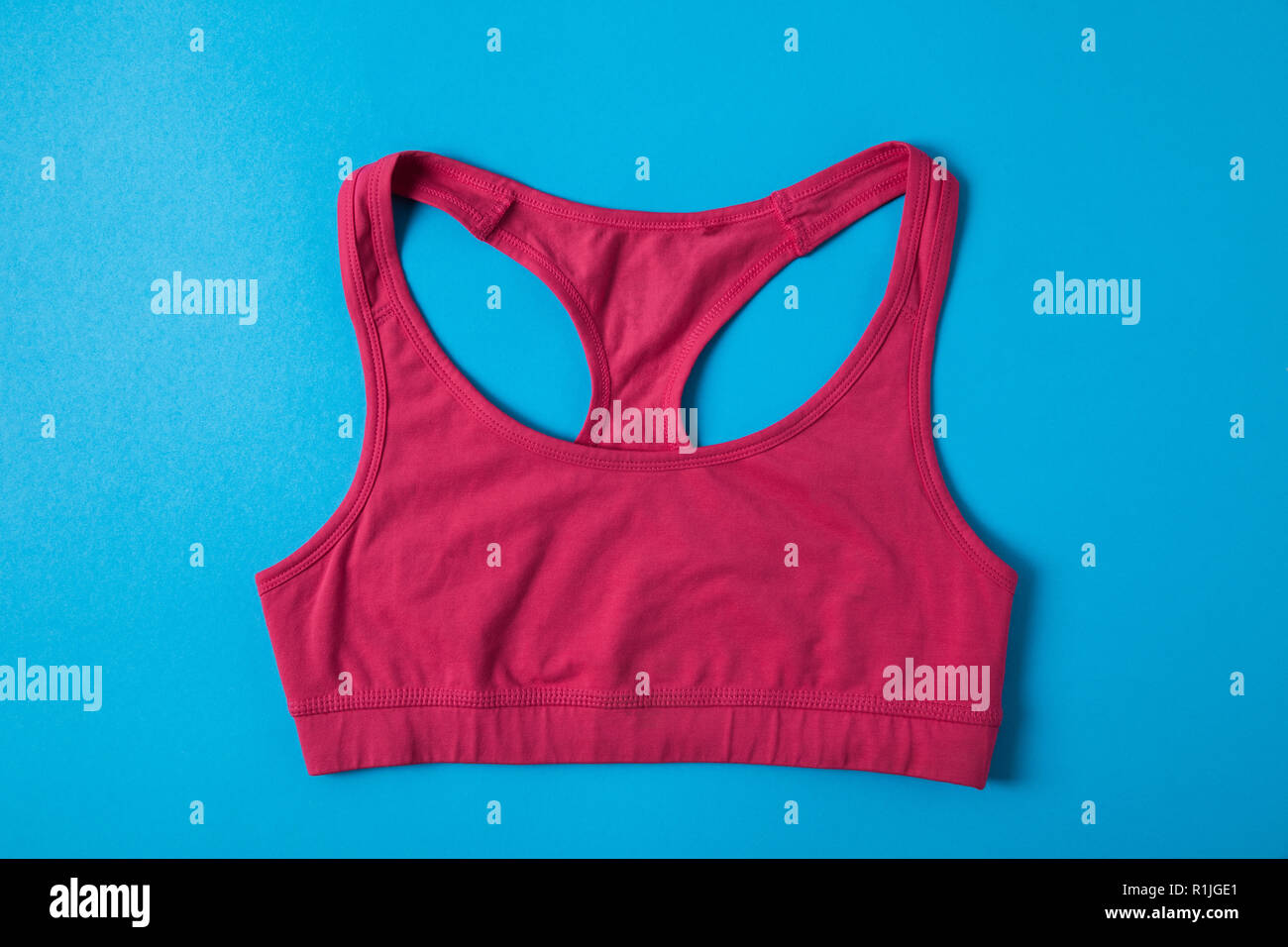 Piatto con laici rosa reggiseno sportivo isolato sul blu, concetto minimalista Foto Stock