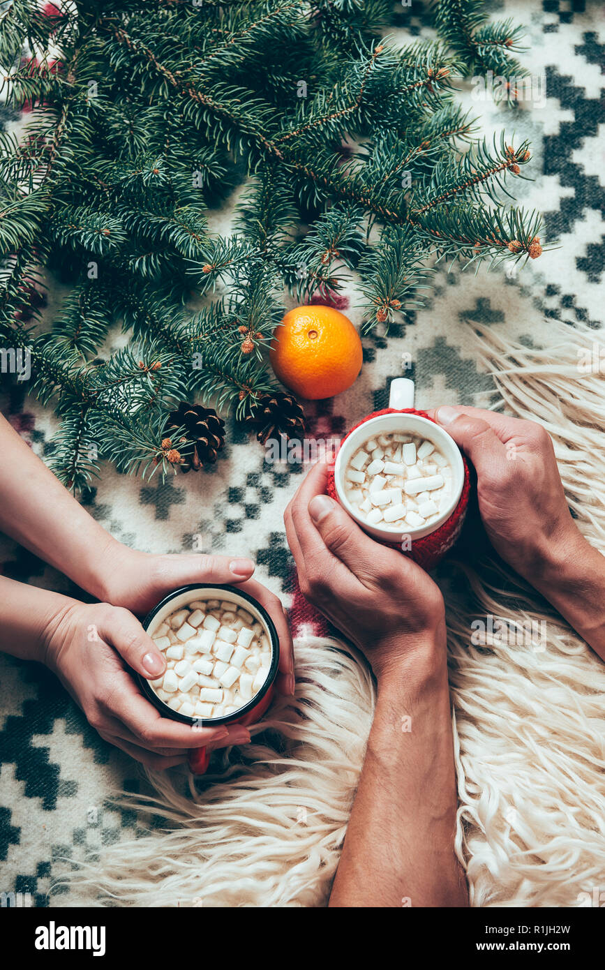 Ritagliato shot della giovane azienda tazze di cacao bevande calde a sfondo con pino rami e mandarino Foto Stock
