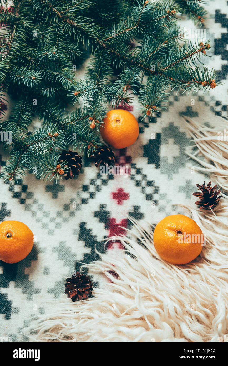 Vista superiore del pino rami, pigne e mandarini freschi sulla coperta sfondo Foto Stock