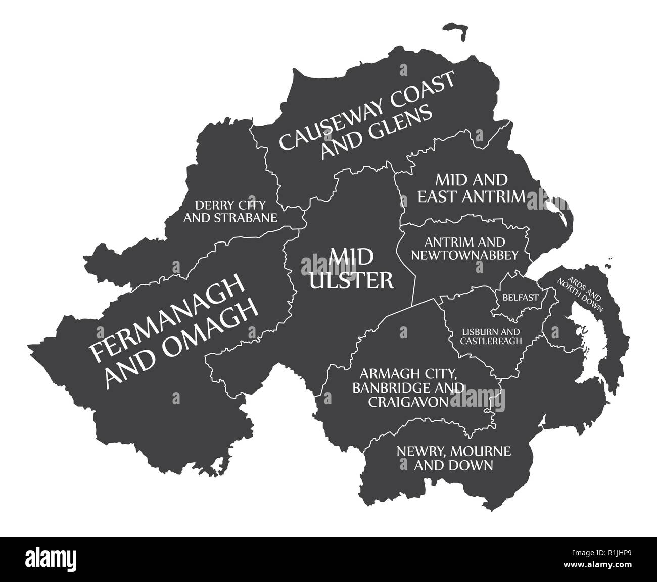 Irlanda del Nord county map dal 2015 etichettati illustrazione nero Illustrazione Vettoriale Irlanda del Nord county map dal 2015 etichettati illustrazione nero Illustrazione Vettoriale
