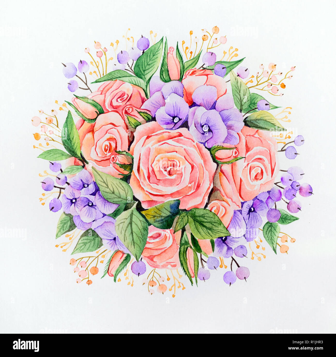 Bouquet in forma di una sfera, a sinistra delle rose rosa lilla e ortensie e decorata con vari tipi di foglie verdi Foto Stock