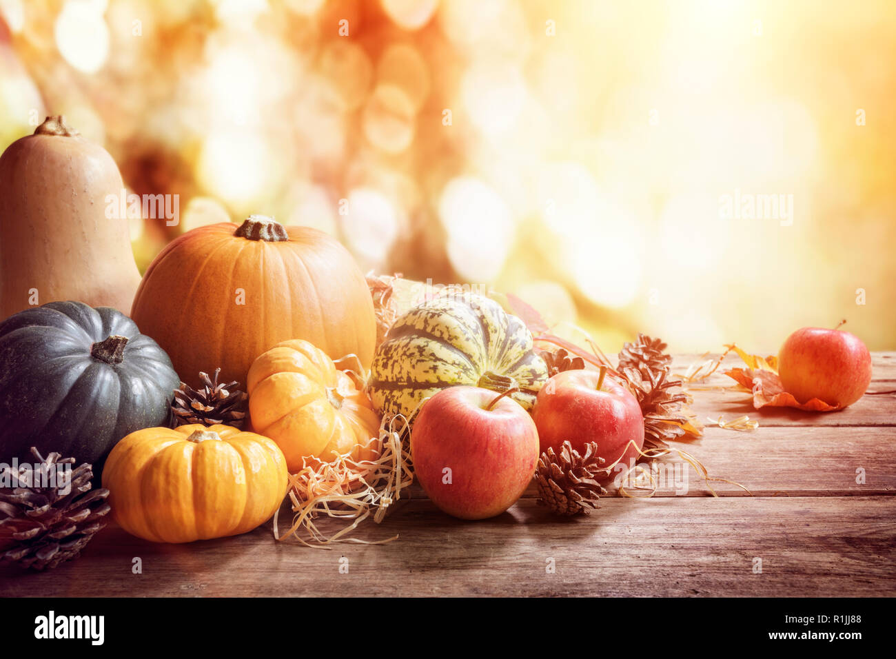 Ringraziamento, la caduta o il messaggio di saluto autunno sfondo con la zucca sul tavolo Foto Stock